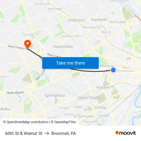60th St & Walnut St to Broomall, PA map