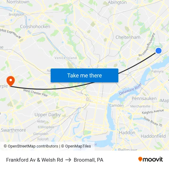 Frankford Av & Welsh Rd to Broomall, PA map