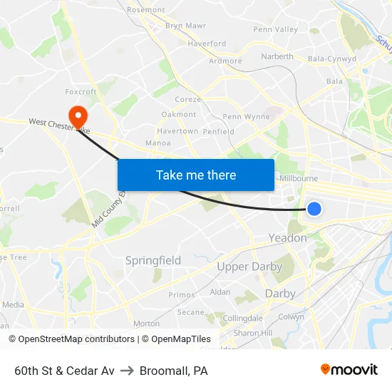 60th St & Cedar Av to Broomall, PA map