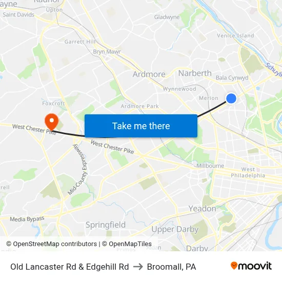 Old Lancaster Rd & Edgehill Rd to Broomall, PA map