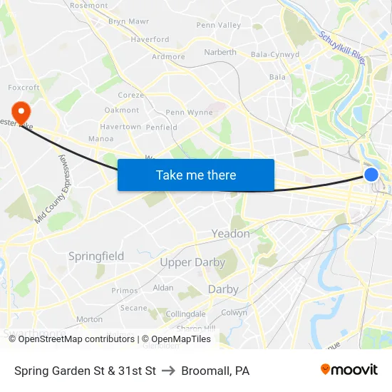 Spring Garden St & 31st St to Broomall, PA map