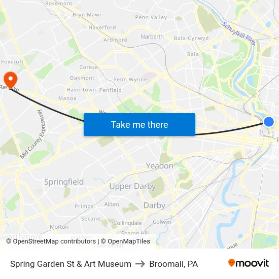 Spring Garden St & Art Museum to Broomall, PA map