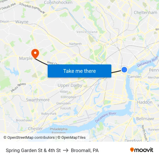 Spring Garden St & 4th St to Broomall, PA map