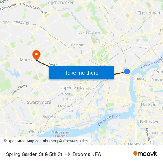 Spring Garden St & 5th St to Broomall, PA map
