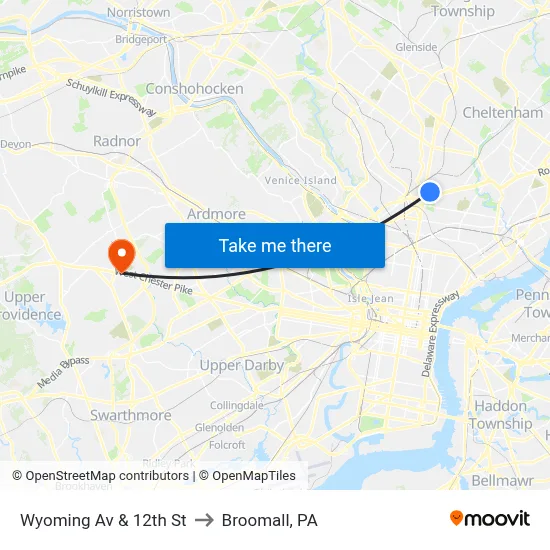 Wyoming Av & 12th St to Broomall, PA map