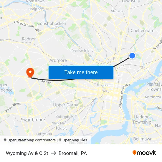 Wyoming Av & C St to Broomall, PA map