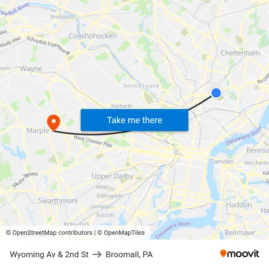 Wyoming Av & 2nd St to Broomall, PA map
