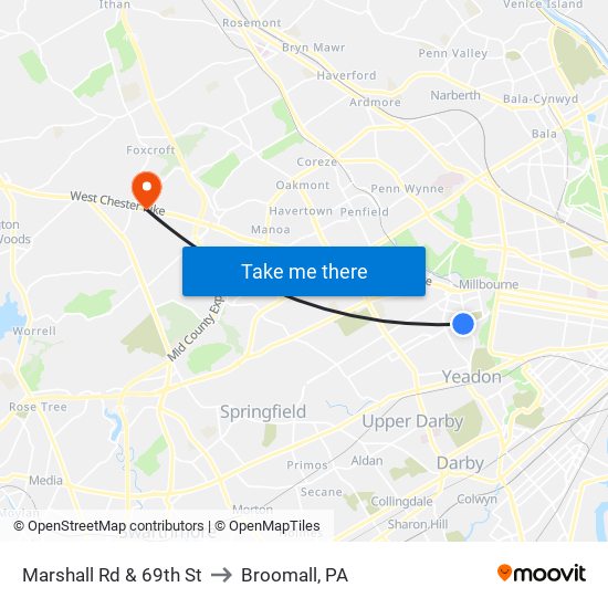 Marshall Rd & 69th St to Broomall, PA map