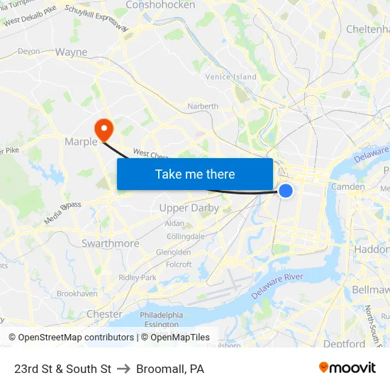 23rd St & South St to Broomall, PA map