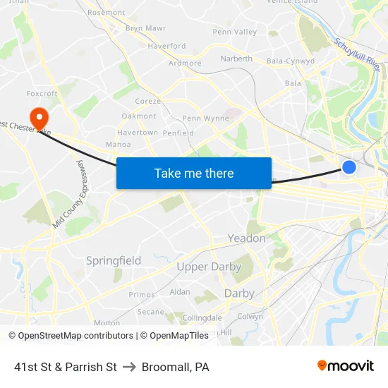 41st St & Parrish St to Broomall, PA map