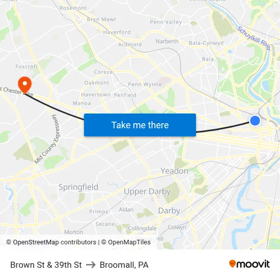 Brown St & 39th St to Broomall, PA map