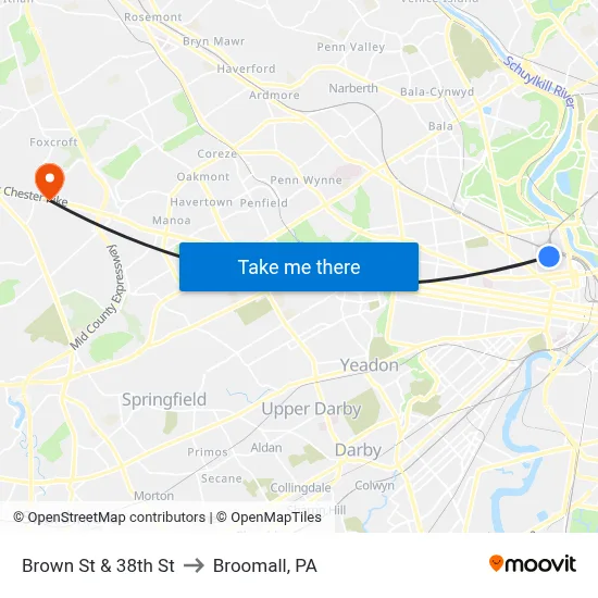 Brown St & 38th St to Broomall, PA map