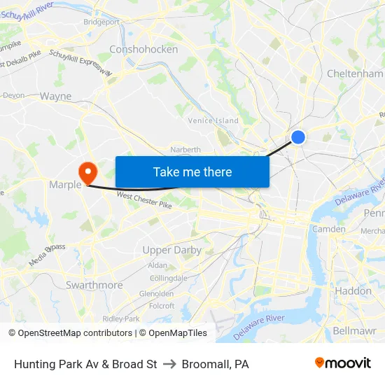 Hunting Park Av & Broad St to Broomall, PA map