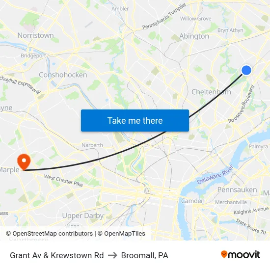 Grant Av & Krewstown Rd to Broomall, PA map