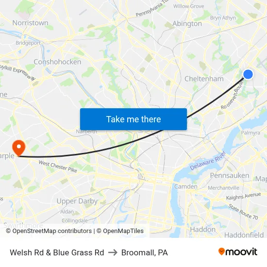 Welsh Rd & Blue Grass Rd to Broomall, PA map