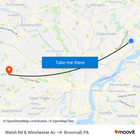 Welsh Rd & Winchester Av to Broomall, PA map