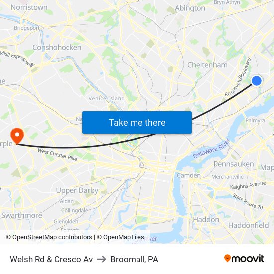 Welsh Rd & Cresco Av to Broomall, PA map