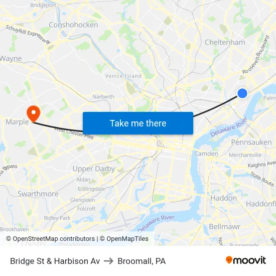 Bridge St & Harbison Av to Broomall, PA map