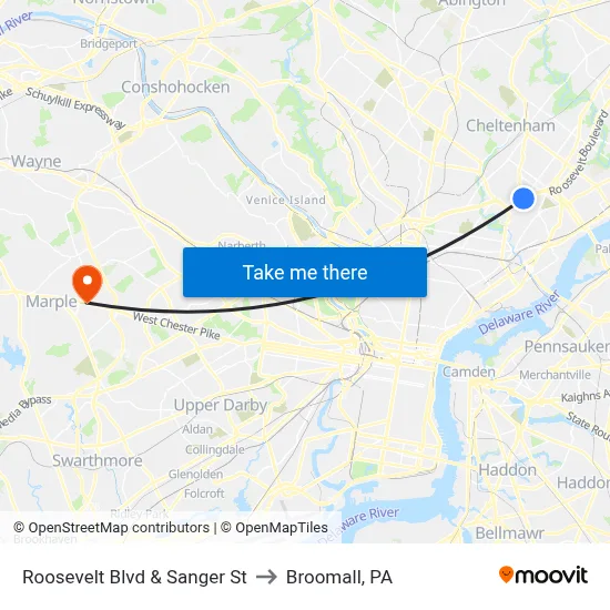 Roosevelt Blvd & Sanger St to Broomall, PA map