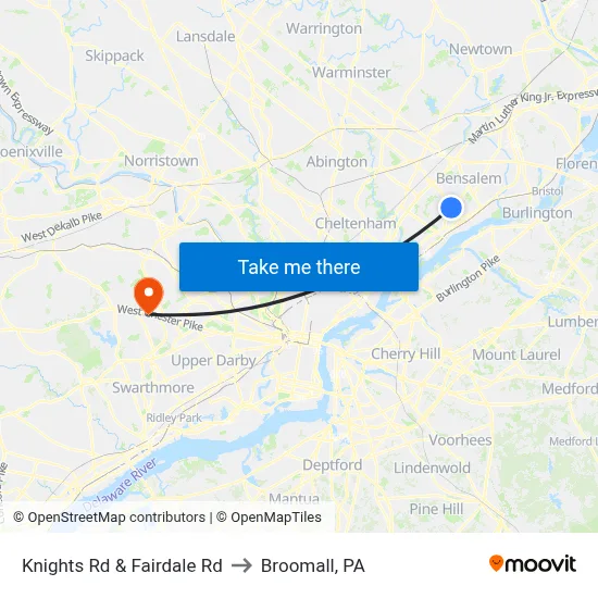 Knights Rd & Fairdale Rd to Broomall, PA map