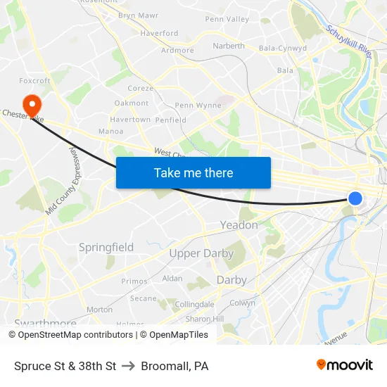 Spruce St & 38th St to Broomall, PA map