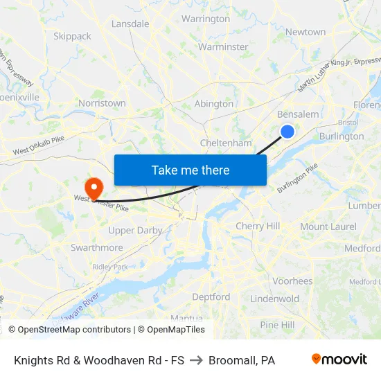 Knights Rd & Woodhaven Rd - FS to Broomall, PA map