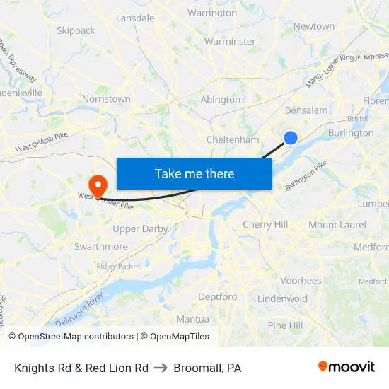 Knights Rd & Red Lion Rd to Broomall, PA map