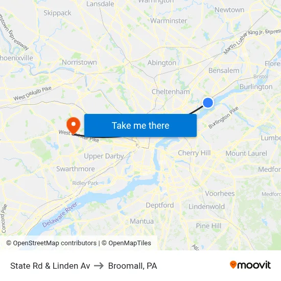 State Rd & Linden Av to Broomall, PA map