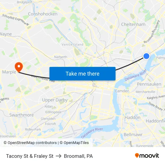 Tacony St & Fraley St to Broomall, PA map