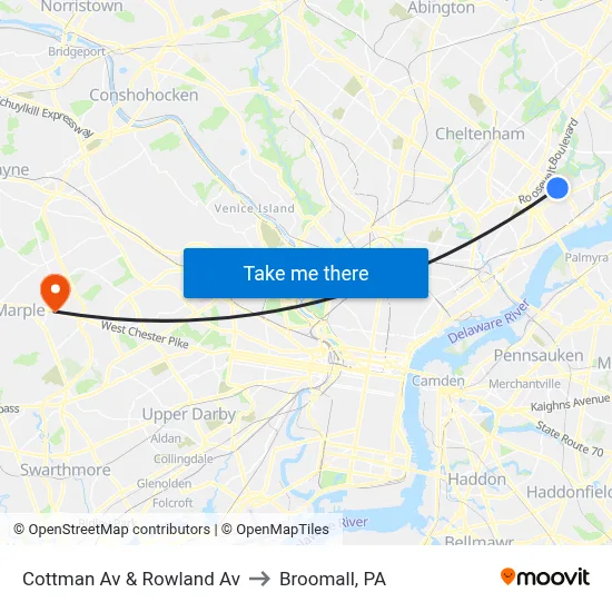Cottman Av & Rowland Av to Broomall, PA map
