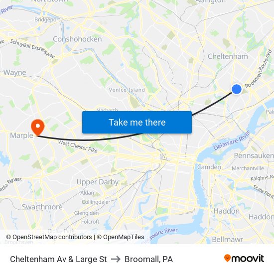 Cheltenham Av & Large St to Broomall, PA map