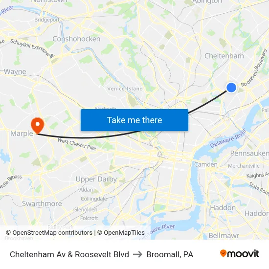Cheltenham Av & Roosevelt Blvd to Broomall, PA map