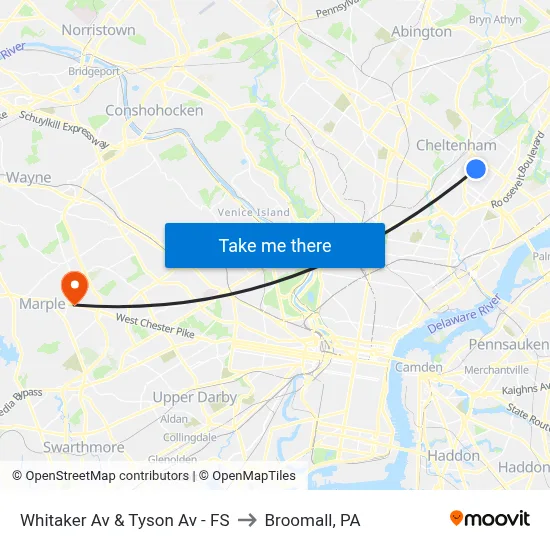 Whitaker Av & Tyson Av - FS to Broomall, PA map