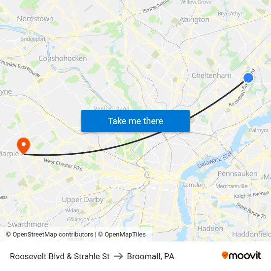 Roosevelt Blvd & Strahle St to Broomall, PA map