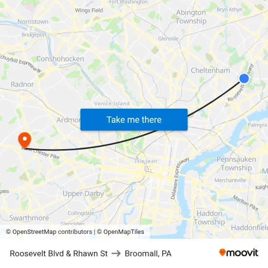 Roosevelt Blvd & Rhawn St to Broomall, PA map