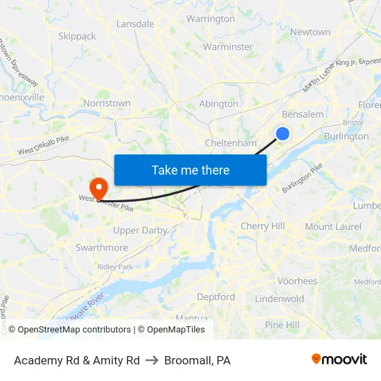 Academy Rd & Amity Rd to Broomall, PA map