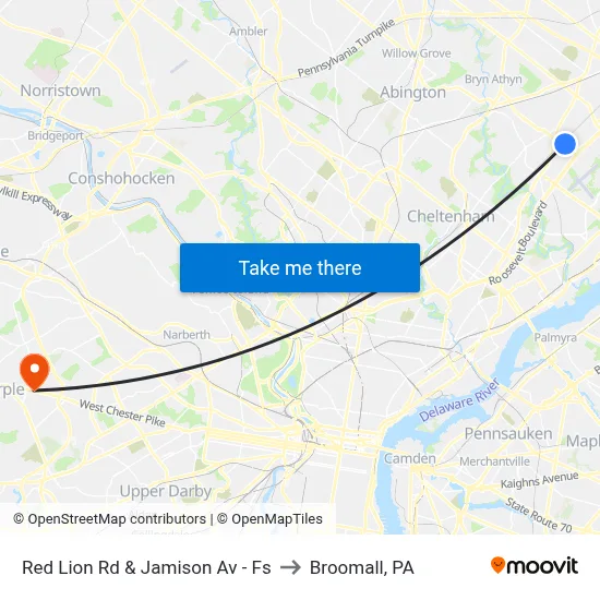 Red Lion Rd & Jamison Av - Fs to Broomall, PA map