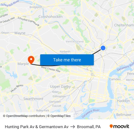 Hunting Park Av & Germantown Av to Broomall, PA map