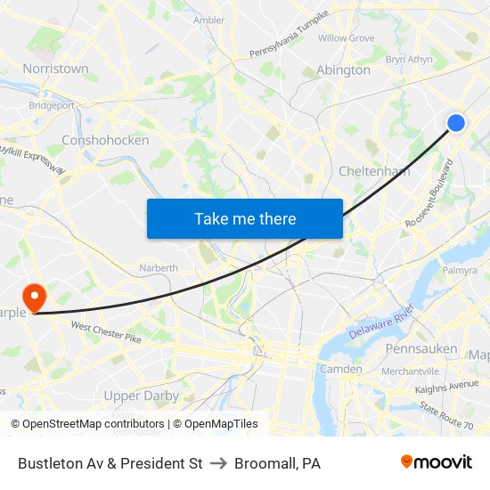 Bustleton Av & President St to Broomall, PA map