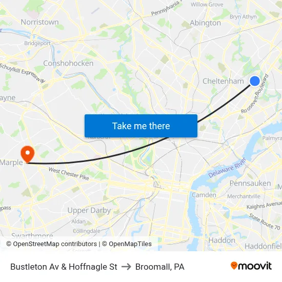 Bustleton Av & Hoffnagle St to Broomall, PA map