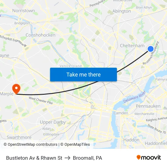 Bustleton Av & Rhawn St to Broomall, PA map