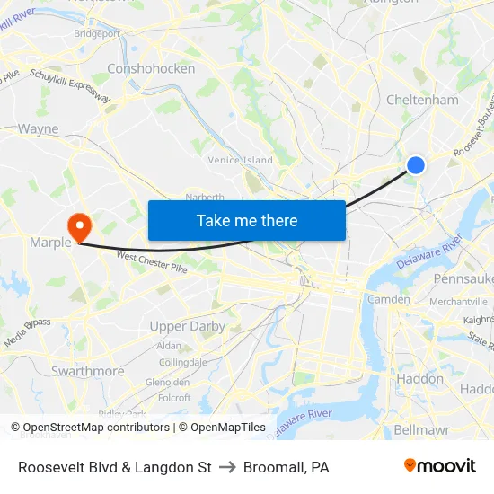 Roosevelt Blvd & Langdon St to Broomall, PA map