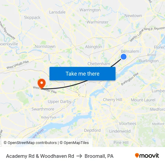 Academy Rd & Woodhaven Rd to Broomall, PA map