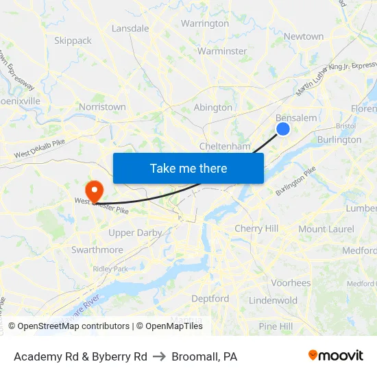 Academy Rd & Byberry Rd to Broomall, PA map