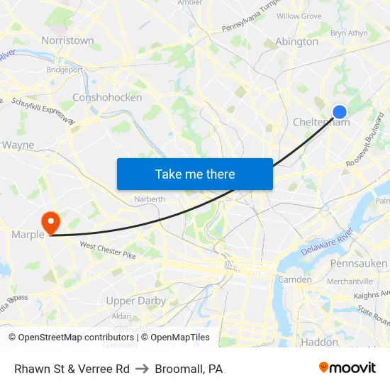 Rhawn St & Verree Rd to Broomall, PA map
