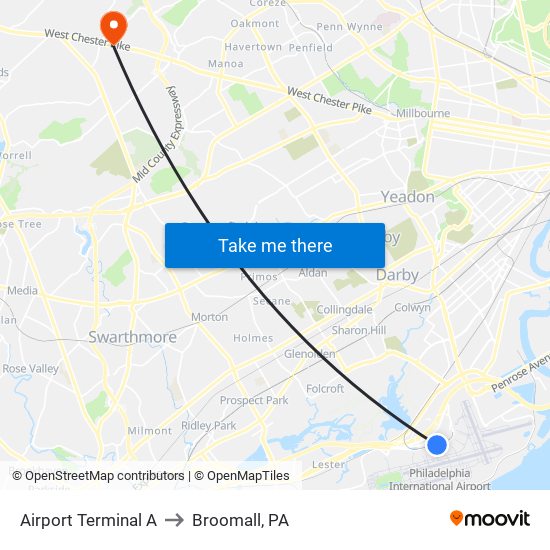 Airport Terminal A to Broomall, PA map