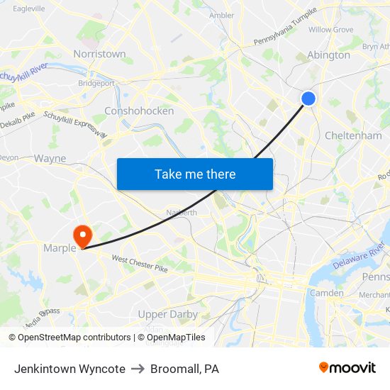 Jenkintown Wyncote to Broomall, PA map