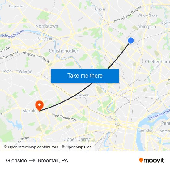 Glenside to Broomall, PA map