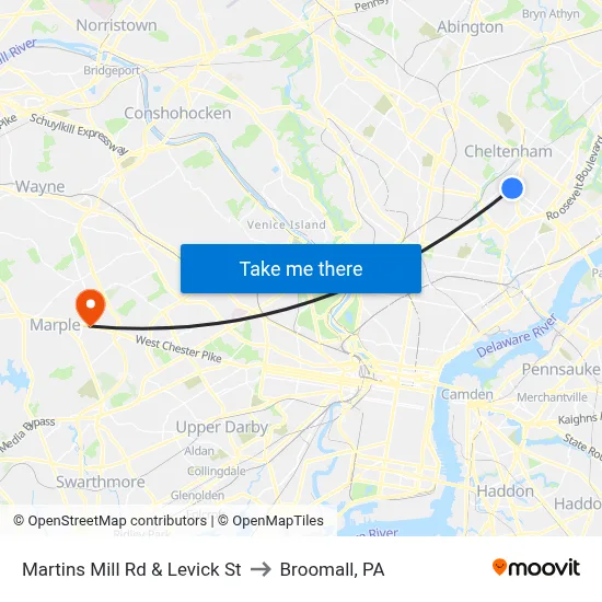 Martins Mill Rd & Levick St to Broomall, PA map