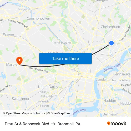 Pratt St & Roosevelt Blvd to Broomall, PA map